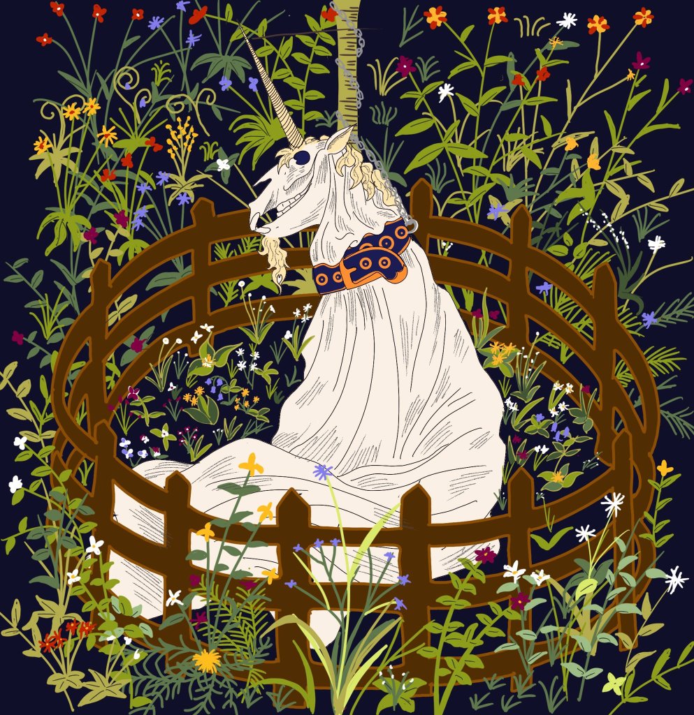 A Mari Lwyd inspired by the famous Unicorn tapestry housed by the MET Museum.