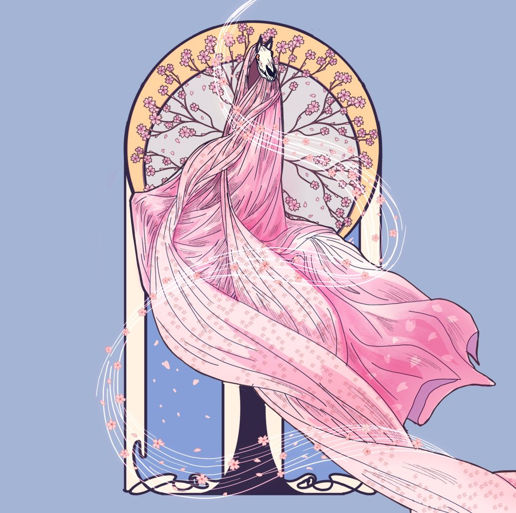 A Mari Lwyd in a billowy pink cloak, set against a backdrop of cherry blossoms.