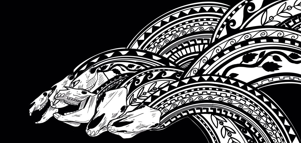 A Mari Lwyd hydra with necks made of Greek-inspired patterns.