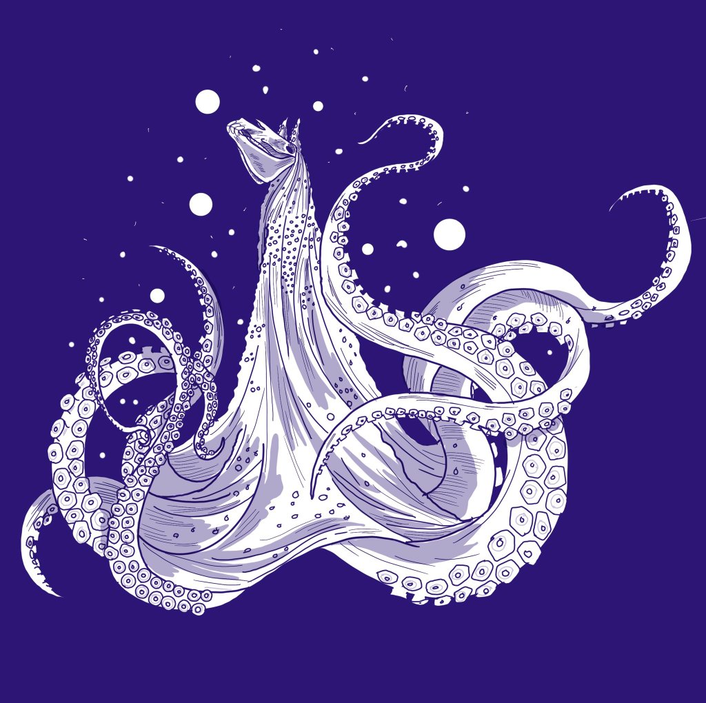 A Mari Lwyd with octopus legs emerging from under her cloak.