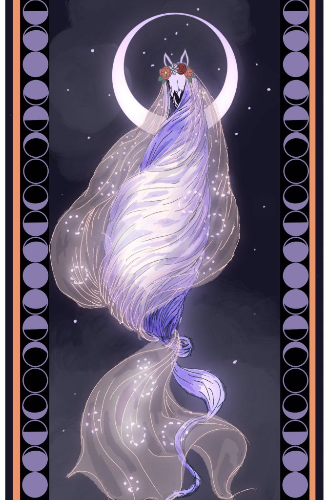 Mari Lwyd inspired by Alphone Mucha, by Skulls and Sheets. A horse skull in violet drapery floats from the beyond, against a backdrop of crescent moon and stars.