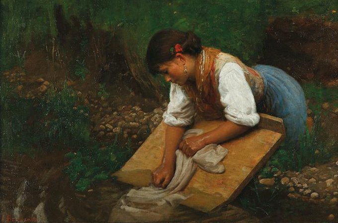 Painting of a woman with brown hair in a bun, washing a white cloth in a brook.